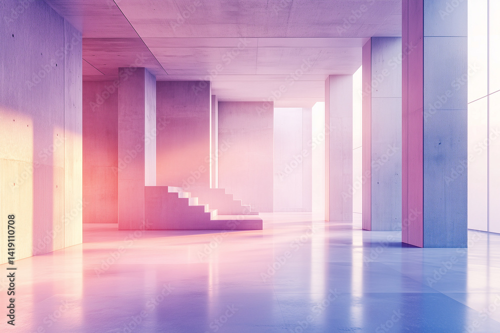 Modern Interior with Purple Tones and Open Staircase