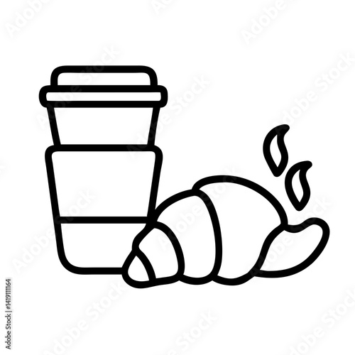 Coffee and croissant vector icon illustration, bakery breakfast food and drink outline drawing design