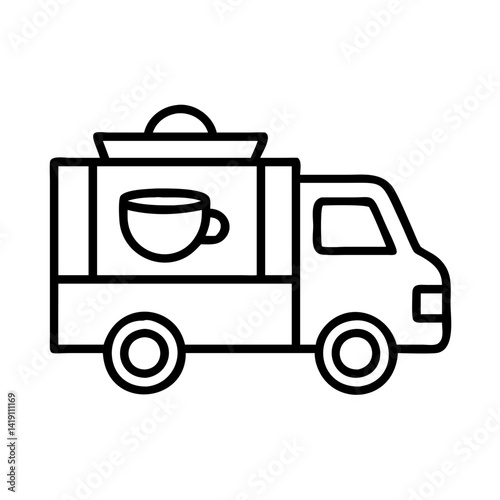 Coffee truck vector illustration mobile cafe food delivery service outline icon design concept