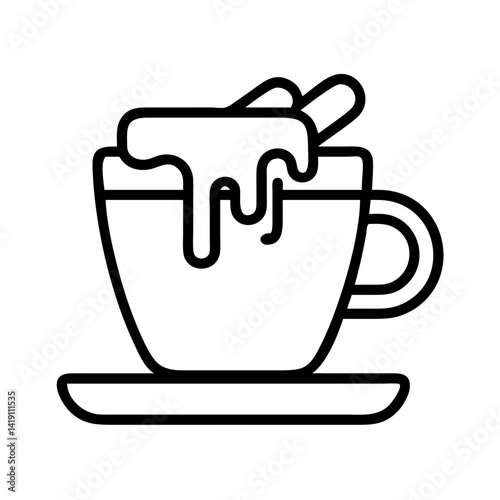 Vector line art drawing of hot chocolate with marshmallows and cream on a saucer design element