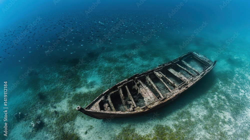 Fototapeta premium Sunken wooden boat, ocean floor, fish school.