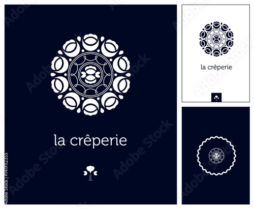 Image de marque pour un restaurant crêperie, galetterie. Dentelle, broderie, Bretagne. emblème du pays breton. Charte graphique, branding, identité visuelle, logo, papeterie, enseigne, réseaux sociaux