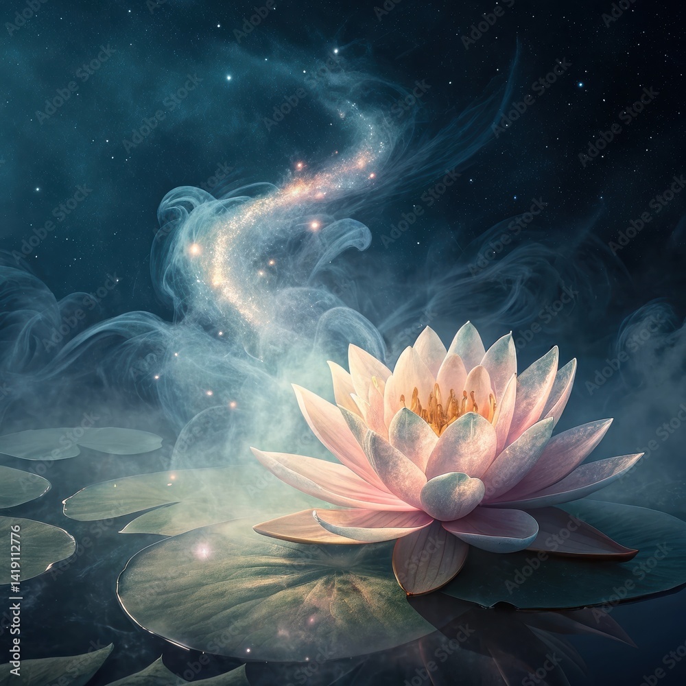 Fototapeta premium Enchanting lotus flower blooming on a serene pond, with cosmic mist and ethereal glow, magical nature scene