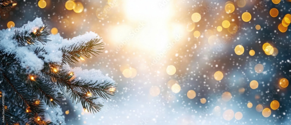 Snowy pine branches with golden bokeh lights in a warm winter holiday landscape Snowy pine branches with golden bokeh lights in a warm winter holiday landscape