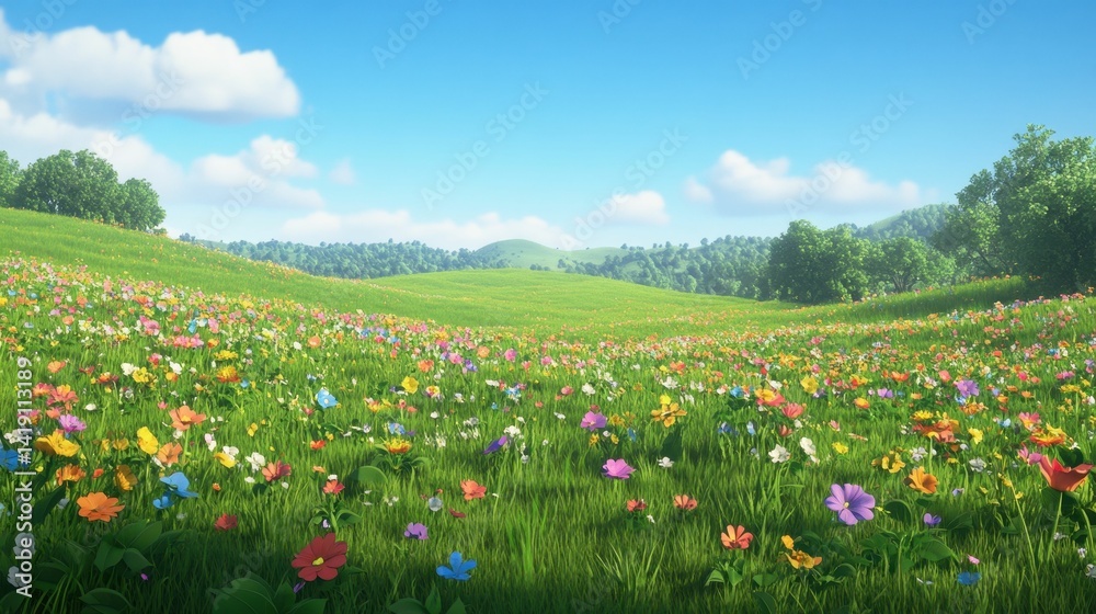 Sunny meadow, colorful wildflowers, green hills. Sunny meadow, colorful wildflowers, green hills.