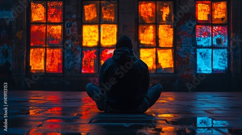 A solitary figure sits cross-legged in front of vibrant graffiti-covered windows.