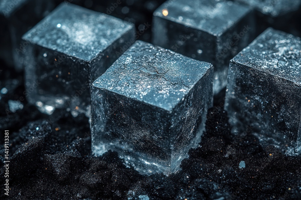Macro photography of shiny silver cubes on coarse black sand with dramatic lighting and strong contrast Macro photography of shiny silver cubes on coarse black sand with dramatic lighting and strong contrast