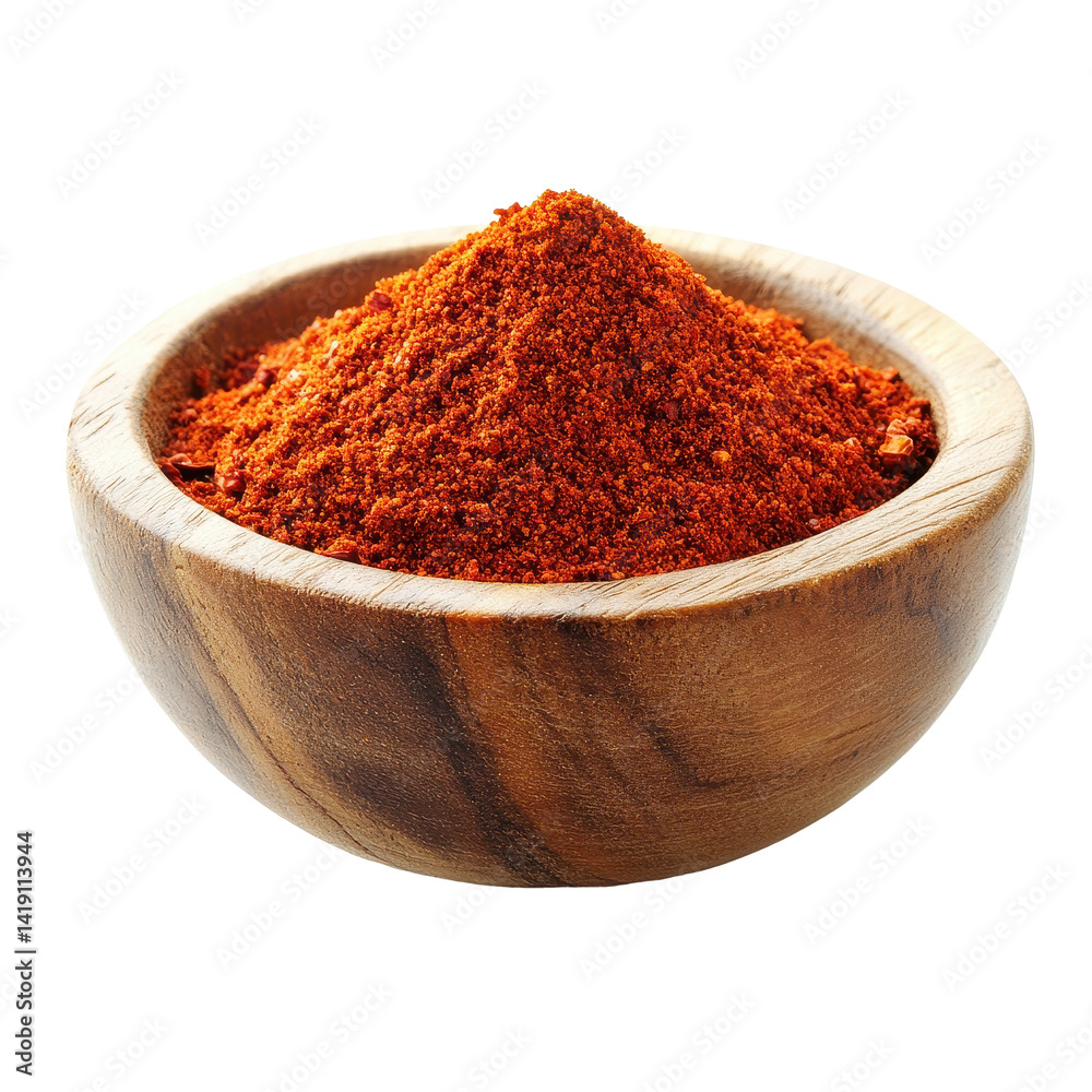 Chili pepper powder in a wooden bowl on a white background showcasing vibrant color and texture, Chili pepper powder in wood bowl on white background Chili pepper powder in a wooden bowl on a white background showcasing vibrant color and texture, Chili pepper powder in wood bowl on white background