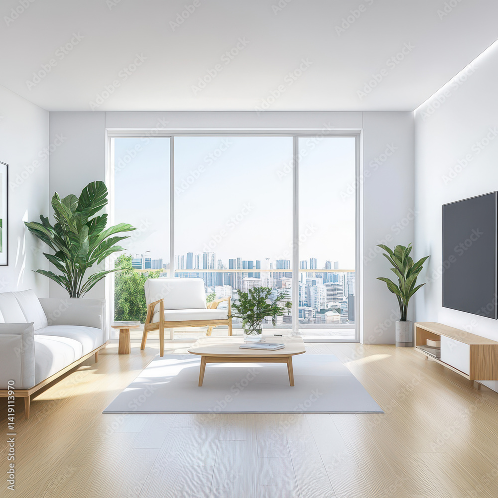 Fototapeta premium Bright and Modern Living Room with City View and Green Plants