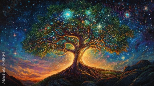 Luminous tree, starry night, vibrant colors, rocky landscape.