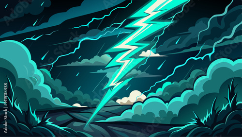 Electrifying teal lightning bolt streaks across a stormy, dark sky