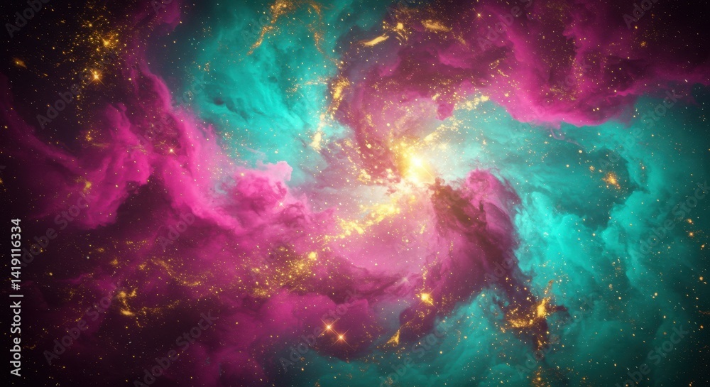 Fototapeta premium Pink and Teal Nebula with Gold Dust in Dark Space