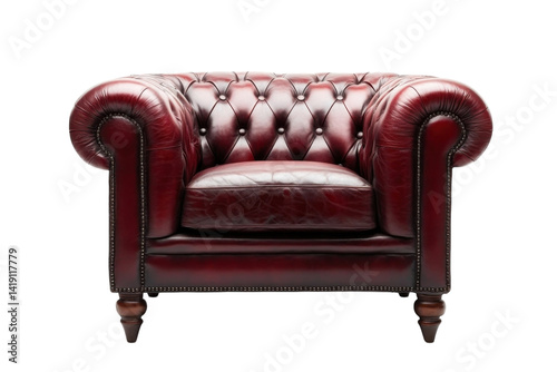 Luxurious burgundy leather Chesterfield armchair classic design richly detailed button tufting on transparent background