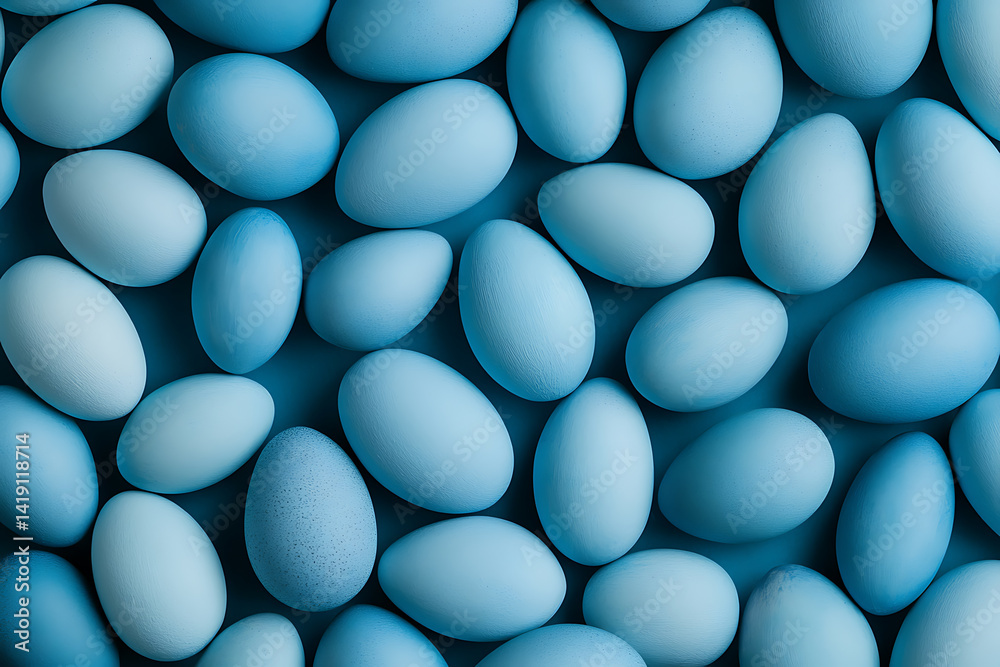 Vibrant blue Easter eggs arranged in a seamless flat lay pattern. Each egg features a smooth or lightly speckled texture, creating a festive, colorful, and modern spring holiday background.