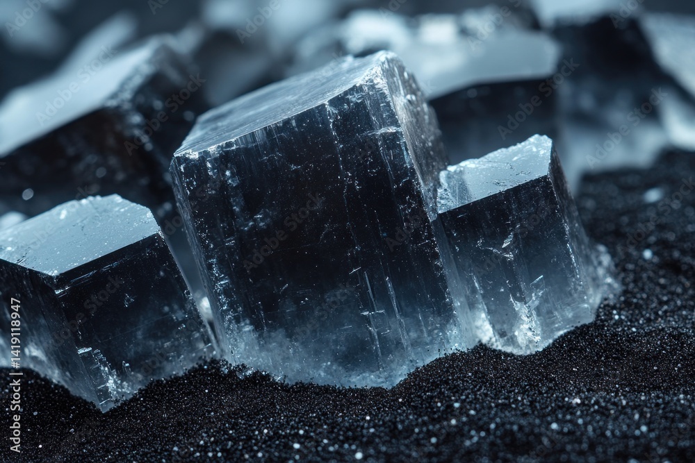 Pure metallic crystals on black sand close up raw silver platinum rare earth mineral ore from mine Pure metallic crystals on black sand close up raw silver platinum rare earth mineral ore from mine