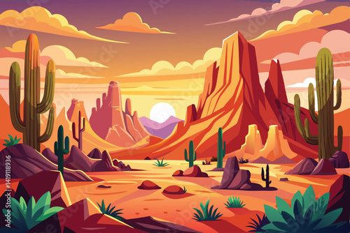
Desert landscape of canyon scenery with cactus and butte. Panoramic view of wild west desert with cacti and a sunset sky. Vector illustration of the scenic Arizona desert with buttes and mesas.