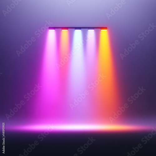 RGB strobe bars above empty stage, digital backdrop panels glowing