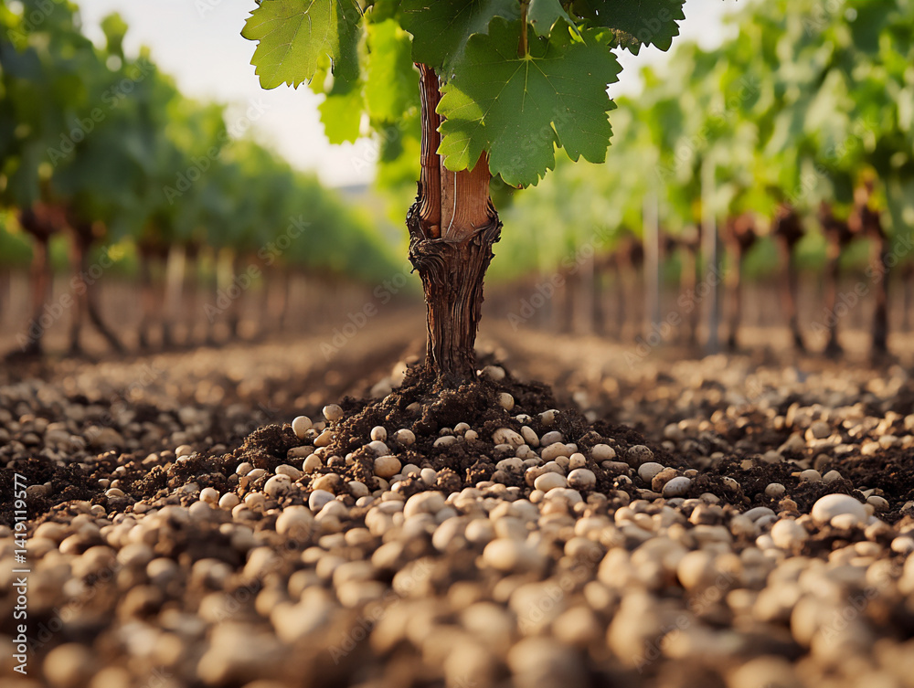 Fototapeta premium vineyard soil pebbles grapevine trunk