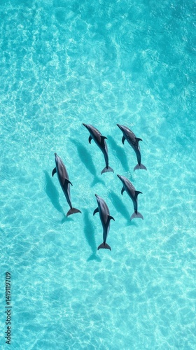 Five dolphins swim turquoise water, aerial view.