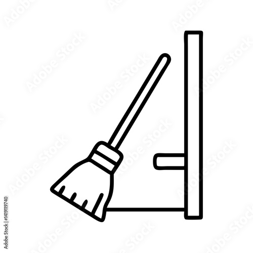 Broom storage ideas for cleaning supplies and home organization in minimalist line art style