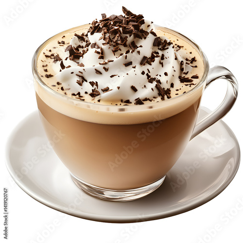  Cup of coffee with cream and chocolate on top, transparent background