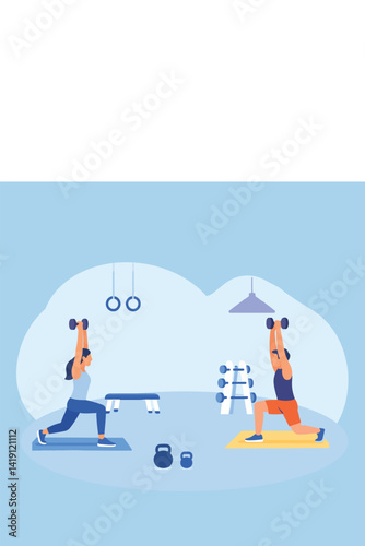 Modern fitness vector illustrations featuring workouts, gym equipment, yoga, and health icons. Perfect for apps, posters, websites, and social media. Fully editable and scalable.