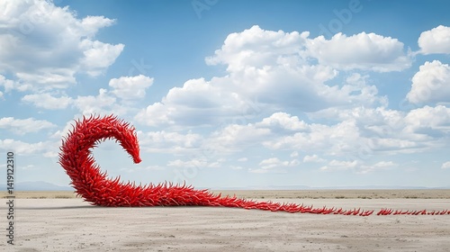 Majestic sculpture of a dragon crafted from fiery red chili peppers curling gracefully through a blazing sky  Organic abstract and creative design with vibrant colors and natural textures