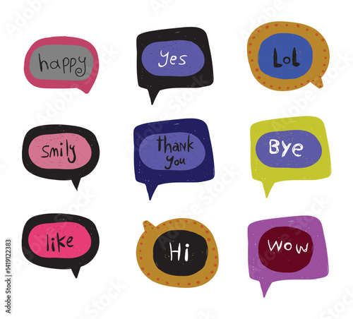 Hand drown speech bubbles with words. Sketch quotes and phrases collection. Hand-drown tags collection. Set of Hand Drawn Comics Style Speech Bubbles.