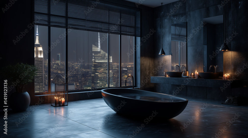 custom made wallpaper toronto digitalModern penthouse interior with ceramic bathtub and beautiful night city view