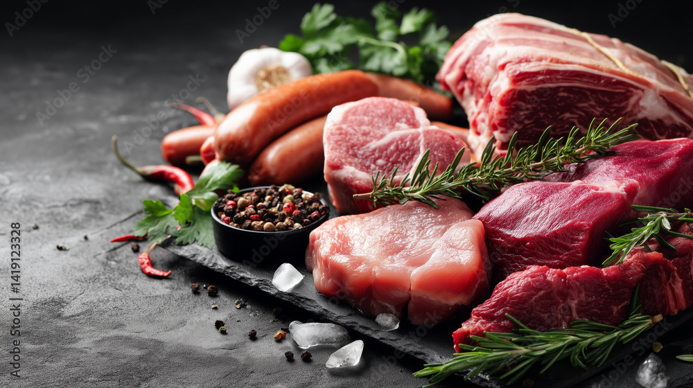 custom made wallpaper toronto digitalRaw meat assortment with spices and veggetables on a stone background