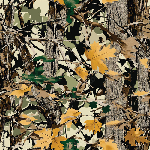 Camouflage seamless pattern. Forest real tree camouflage design. Hunting camouflage. Vector camouflage background using tree forest texture.