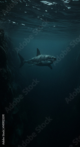 Underwater scene with a shark swimming near a rocky cliff edge, captured from a low-angle viewpoint