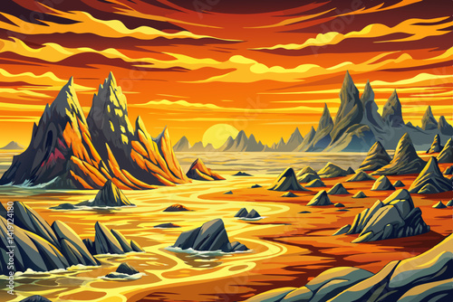 Rocky beach landscape opening to misty shores at sunset time with amazing sky and clouds