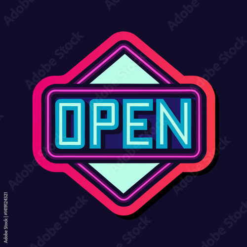 A brightly colored neon open sign against a dark purple background