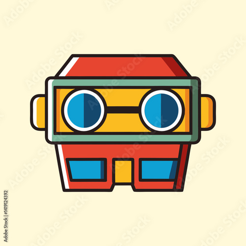 A colorful retro cartoon robot head illustration with flat design