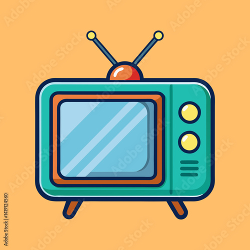 Cartoon illustration of a retro television set with antenna and orange background