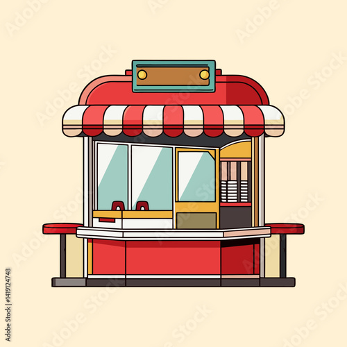 Colorful Cartoon Concession Stand with Awning and Display Window Illustration