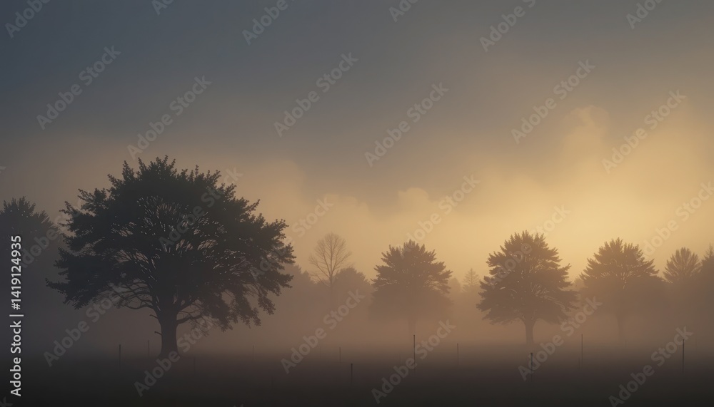 Obraz premium Misty sunrise over tranquil landscape serene nature scene foggy morning atmosphere peaceful environment outdoor viewpoint captivating beauty