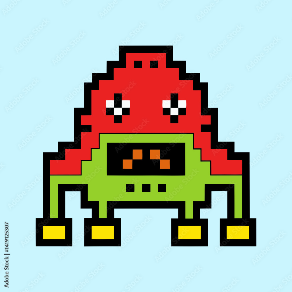 Obraz premium Retro Pixel Art Alien Character with Red Head and Green Body