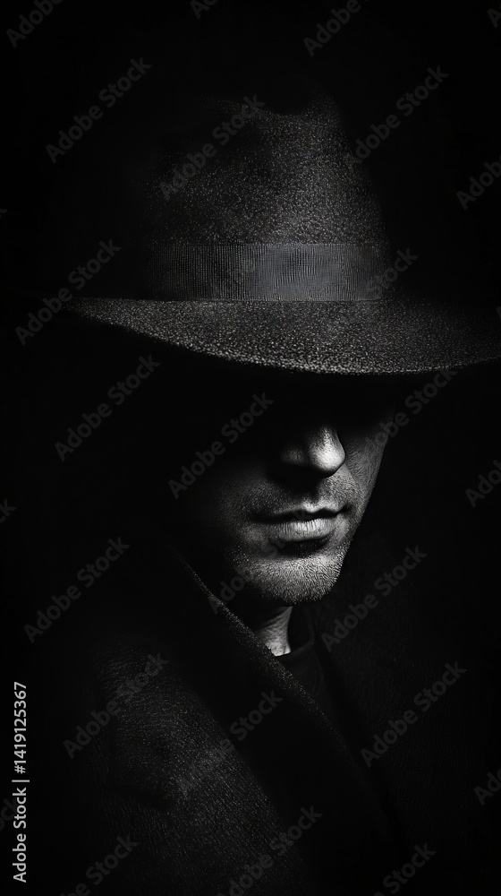 In the dim light, a man with a dark hat casts an enigmatic shadow over his features, inviting curiosity about his thoughts and intentions. The atmosphere is thick with mystery