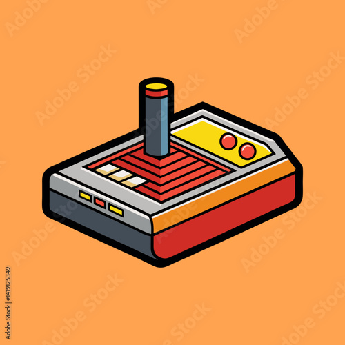Retro video game joystick controller isolated on a solid orange background