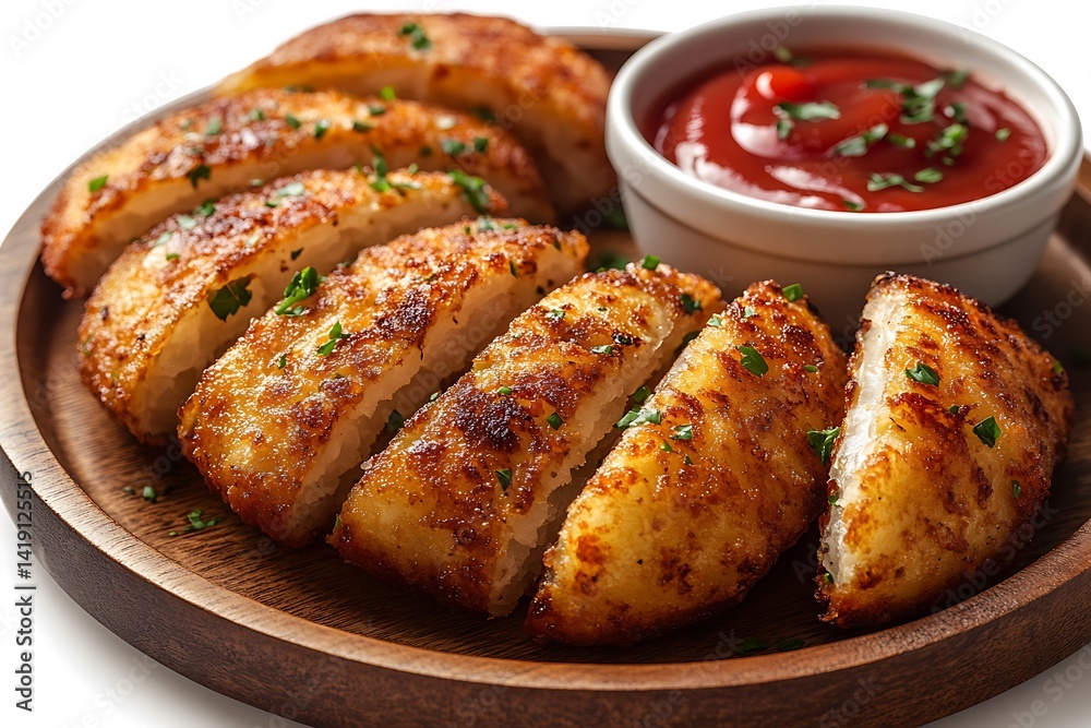 Golden fried potato slices with ketchup on a wooden plate food photography Golden fried potato slices with ketchup on a wooden plate food photography