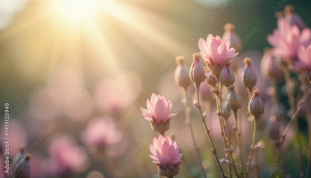 Fototapeta premium Blooming pink flowers in nature close-up shot sunlit background serene environment macro photography