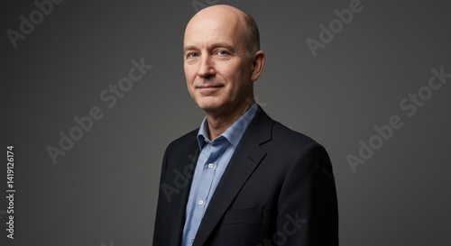 Portrait of a Middle Aged Man in a Dark Suit Against a Gray Background