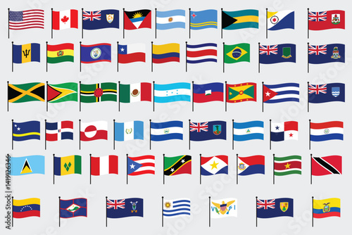 Collection of American, Caribbean, and South American Countries Flags Vector Set