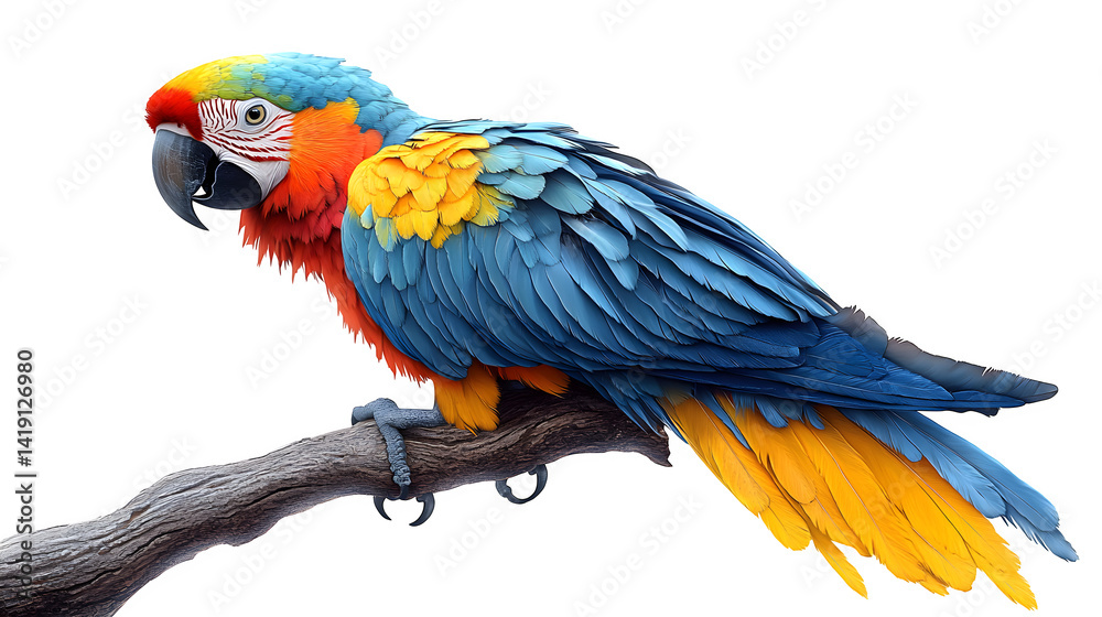 Fototapeta premium Macaw bird with bright blue and yellow feathers, realistic and crisp, isolated on white background