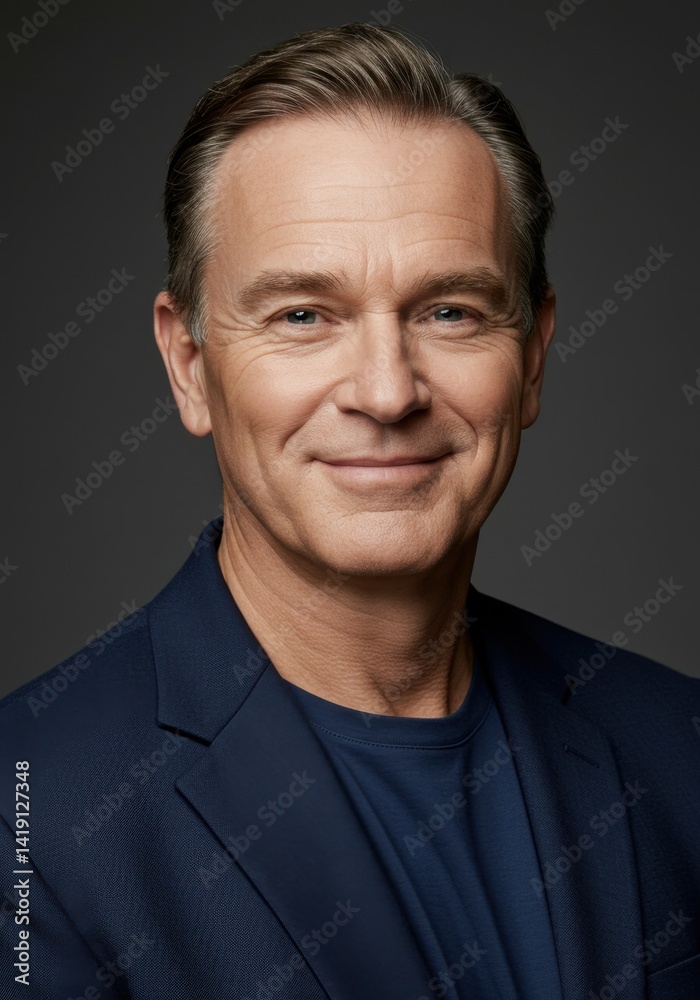 Fototapeta premium Portrait of a Smiling Middle Aged Man in a Navy Jacket