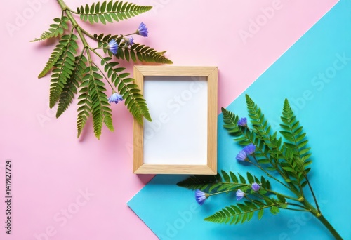Decorative frame with tropical plant on pink and blue background