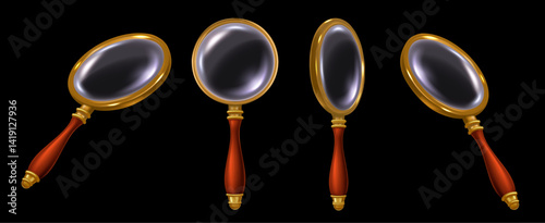 Vintage magnifying glass. Search magnifier, golden loupe with wooden handle. Detective research, handheld zoom magnifiers and investigation tool realistic 3D isolated vector illustration set.