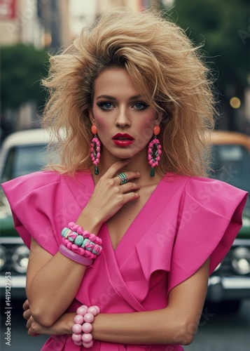 Portrait of a Woman in 80s Retro Fashion with Big Hair and Pink Dress